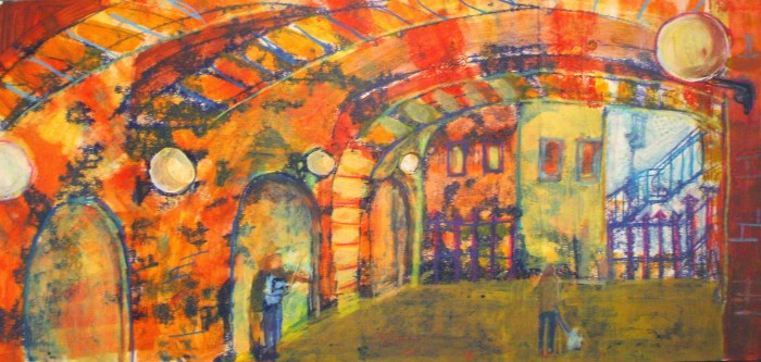 Busker by the Tate Modern | Monprint and Mixed Media | 510 x 190mm | Original sold, available as a print