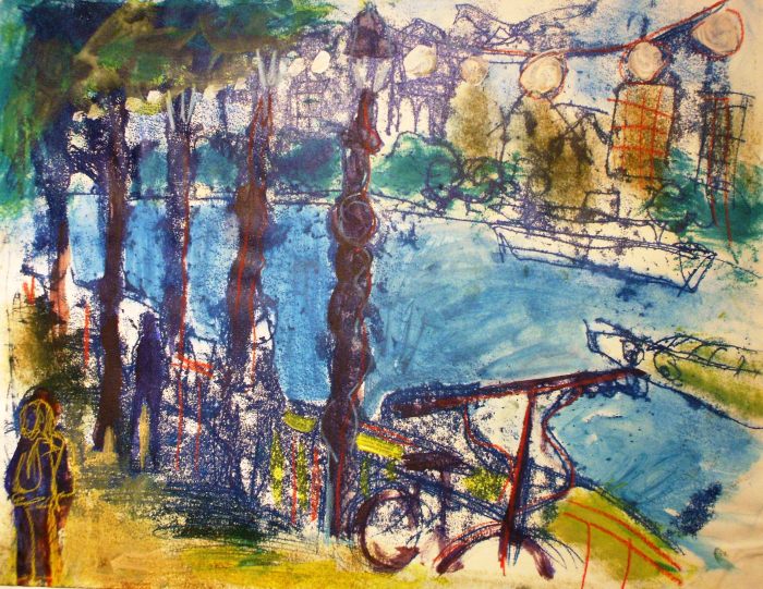 Cycling along the Southbank | Monoprint and Acrylic | 450 x 350mm | Original sold, available as a print