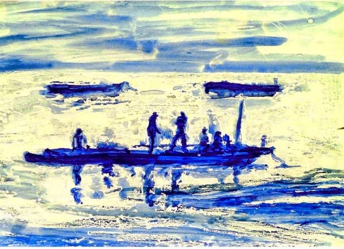 Gambian Fishermen | Watercolour and Wax Resist | 297 x 210mm | Sold original, available as a print