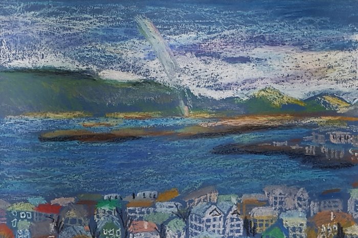 Rainbow over Reykjavik | Oil Pastel | 297 x 210mm | Original was gift, available as a print