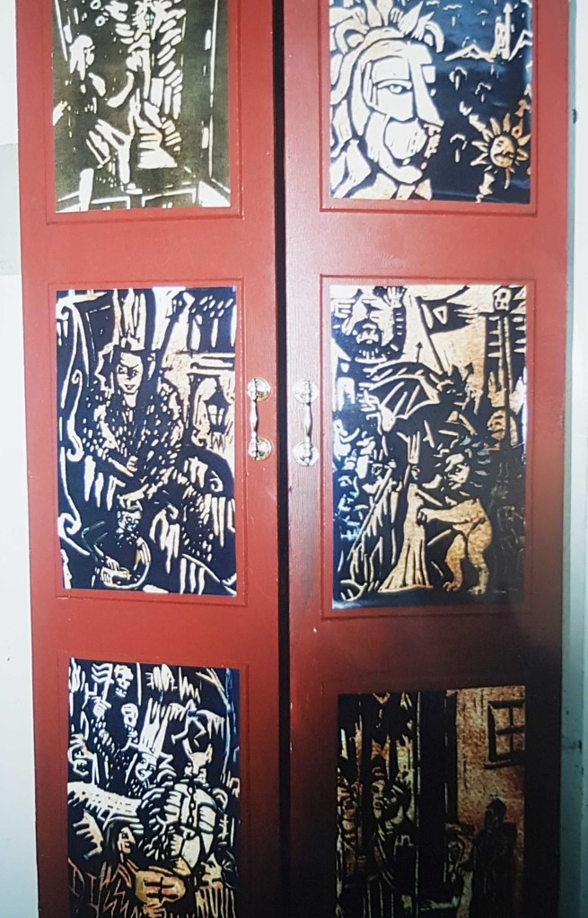 The panels of the wardrobe, made from linocuts I illustrated.